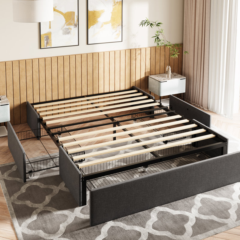 Queen Size Platform Bed with Storage 3 Large Drawers On Wheels Fabric Upholstered Platform Bed No Box Spring Needed Solid Wood Slats Support Easy